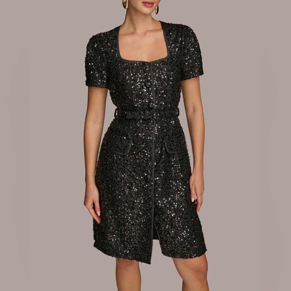 NWT Women DONNA KARAN Classic Square Neck sequin A line elegant belted dress